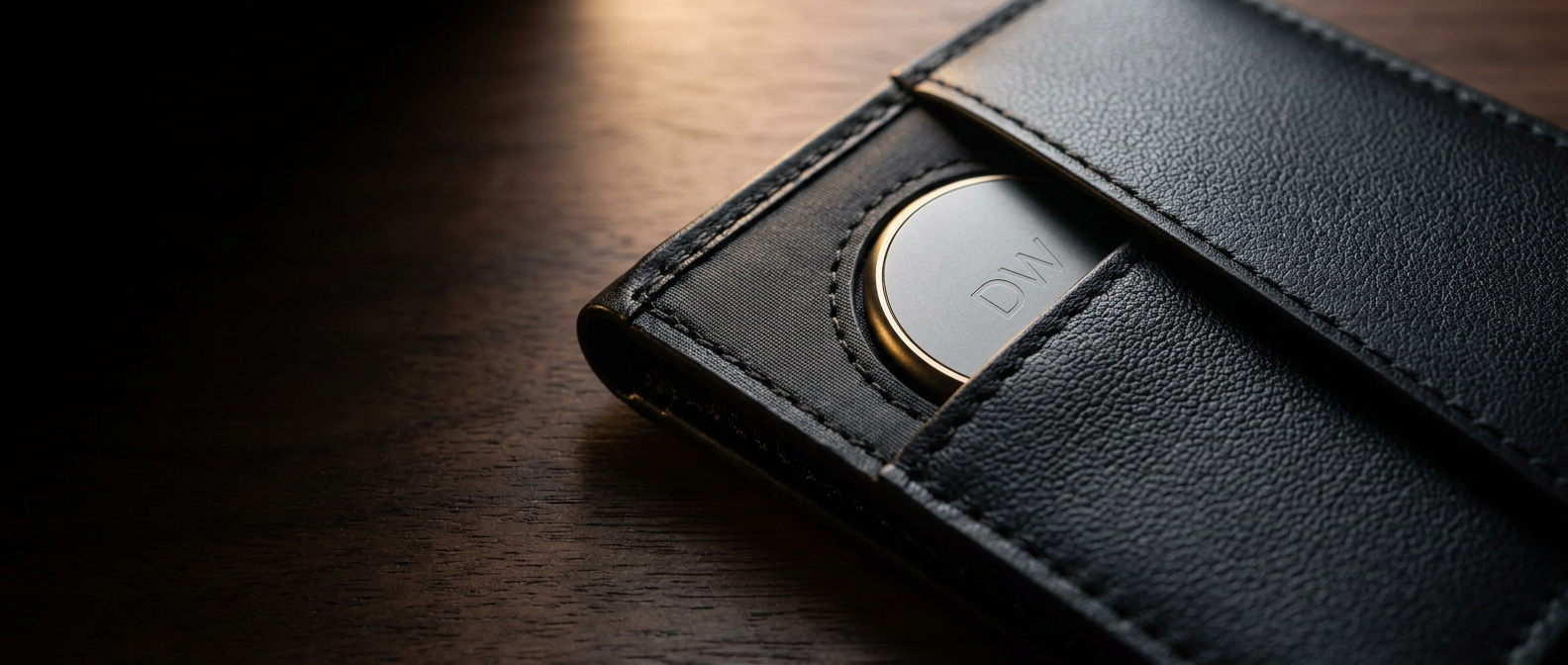Forro levantado de una cartera Mayfair con el localizador DW-Track cosido dentro